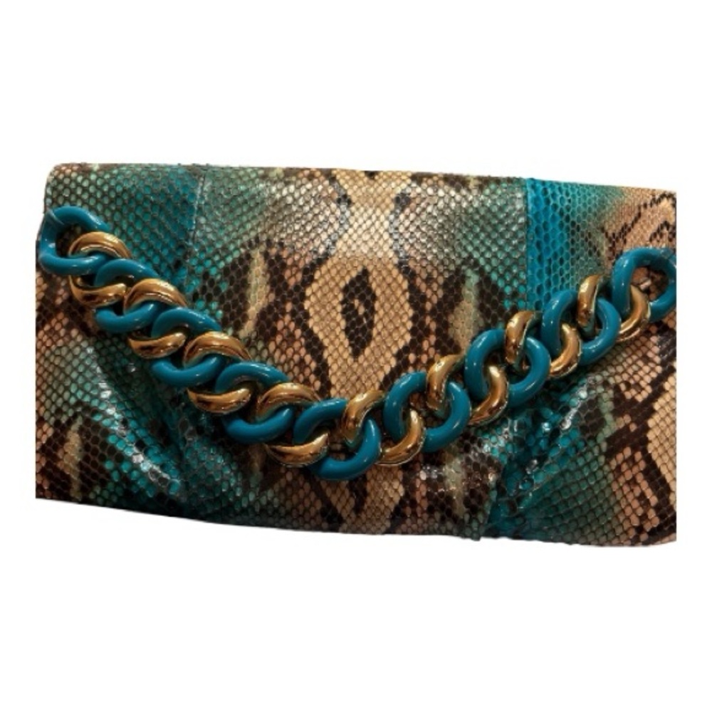 Michael Kors Teal and Natural Python-Print Chain Clutch